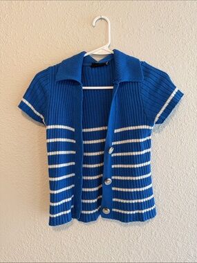 Blue Ribbed Short-Sleeve Cardigan with White Stripes